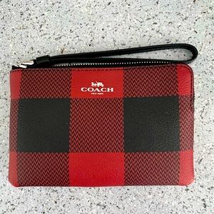 Authentic Coach Corner Zip Wristlet With Buffalo Plaid Print